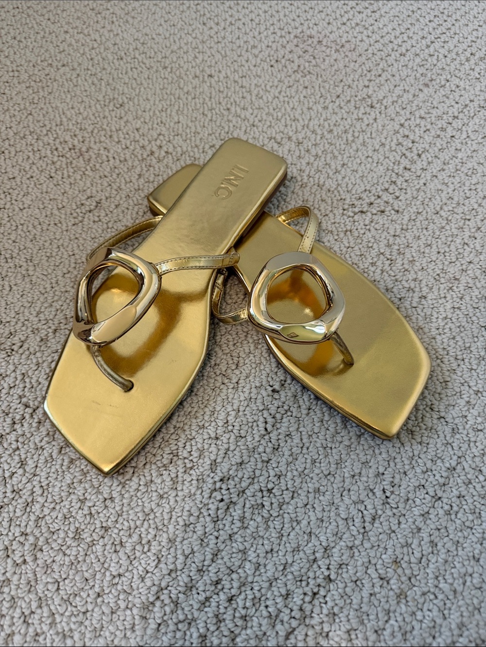 Metallic Gold Square-Toe Thong Sandals with Decorative Ring